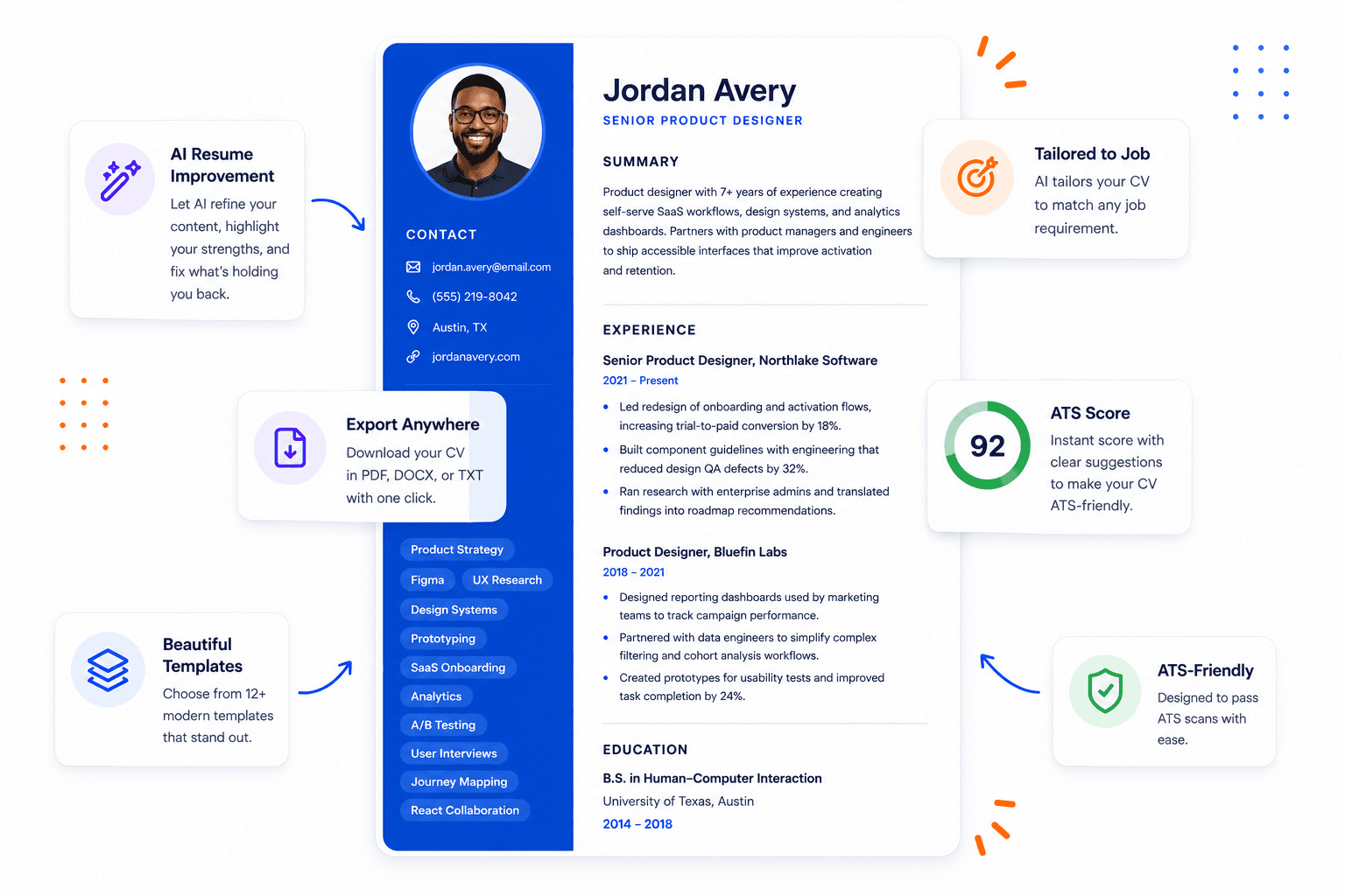 CVandResume resume preview with AI tailoring, ATS score, templates, and export options